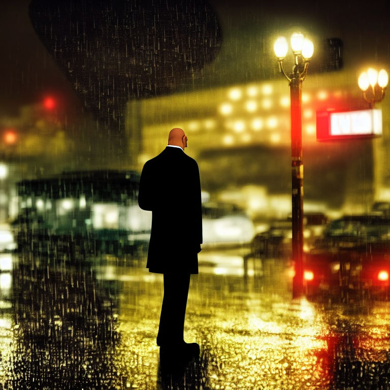 Bald Man in Coat Standing in Rainy Night Street Scene