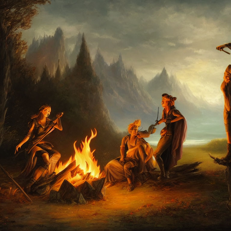 Classical-style painting of people around campfire in forest with flute and violin players