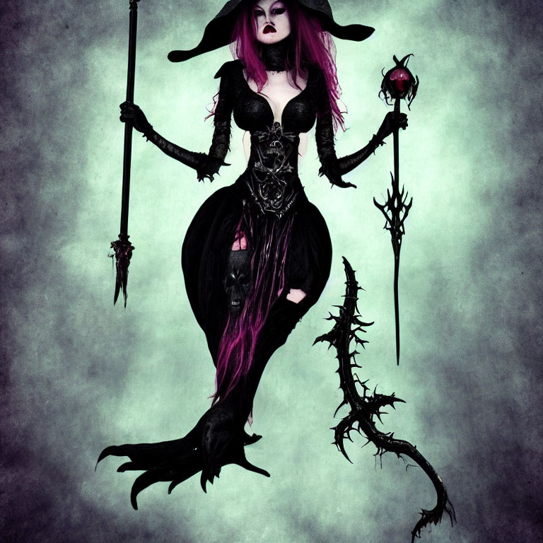 Fantasy witch in purple hair with dual staffs on misty grey backdrop