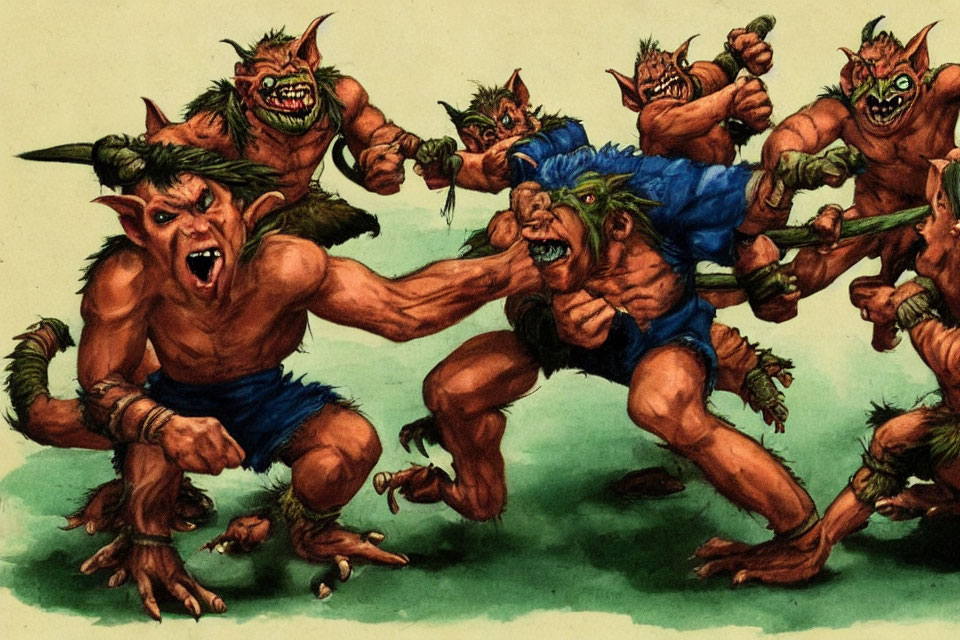 Group of fierce goblin-like creatures with pointy ears and sharp teeth charging forward with weapons.