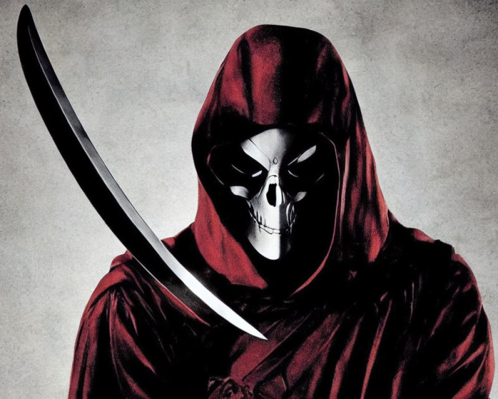 Figure in Red Hood with Skull Mask Wielding Scythe Blade