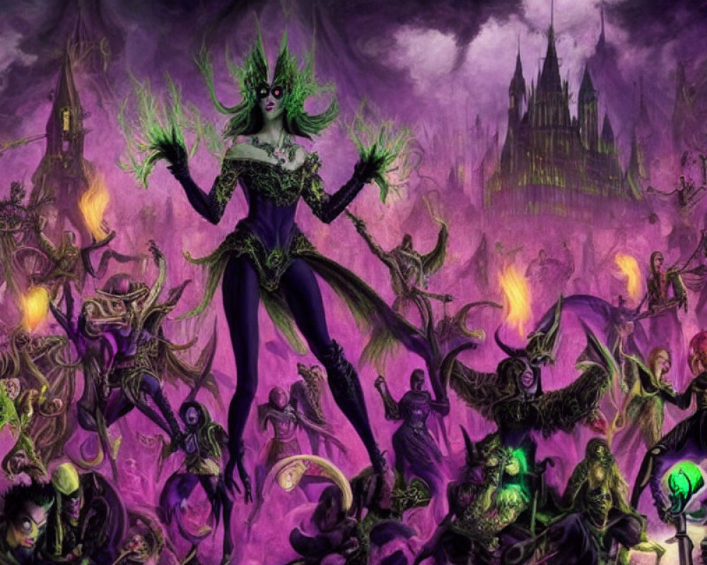 Mystical figure with green flames in hands rules over fantastical purple scene