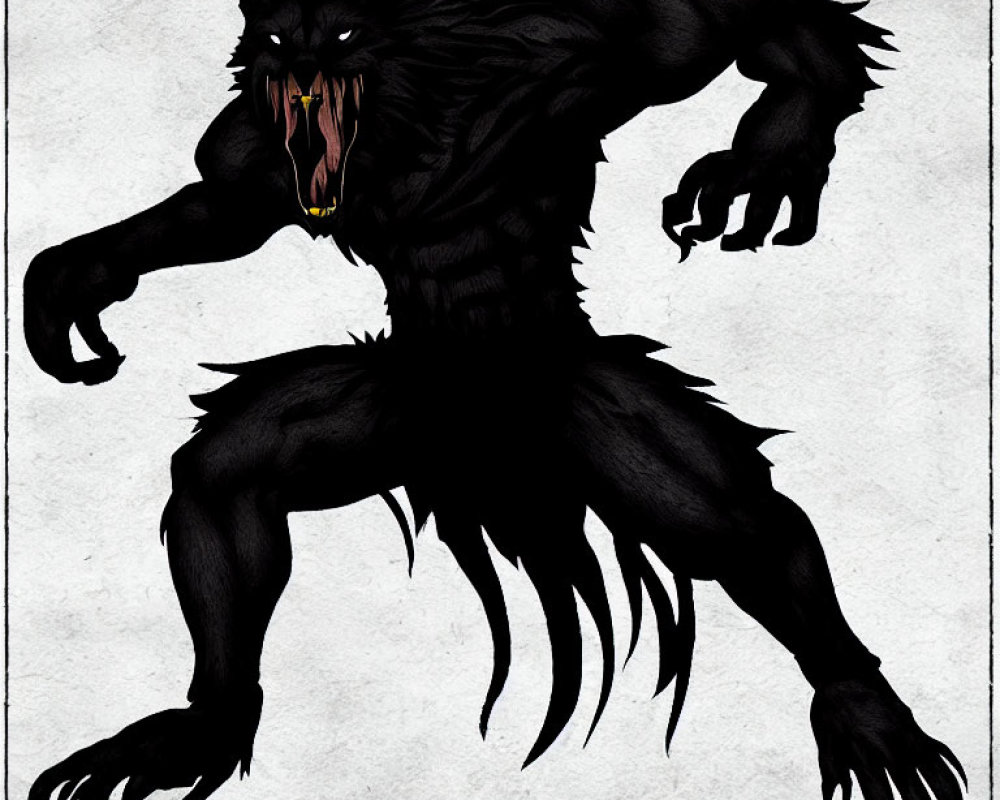 Detailed Illustration of Black Werewolf with Glowing Eyes