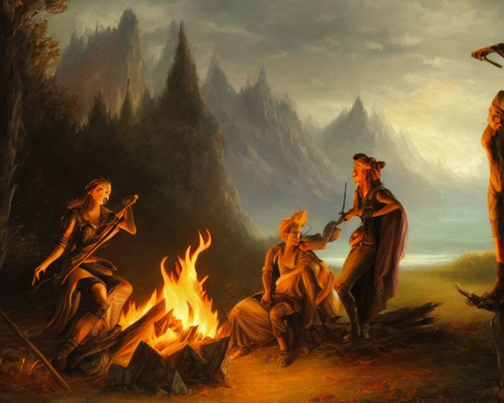 Classical-style painting of people around campfire in forest with flute and violin players