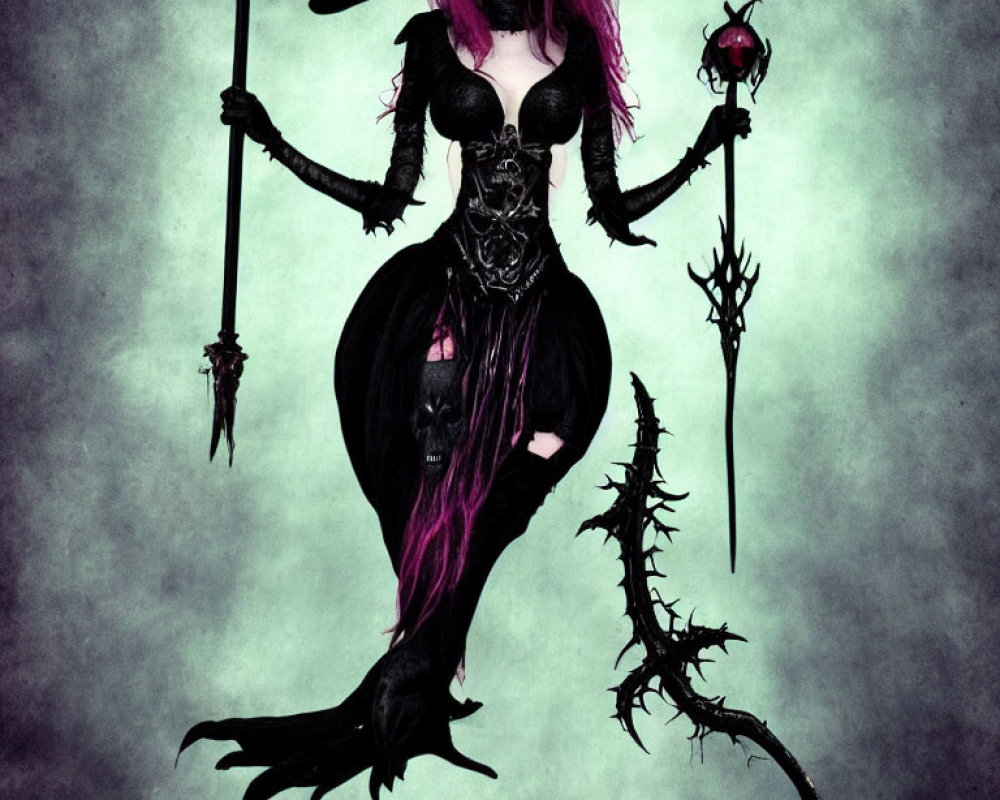 Fantasy witch in purple hair with dual staffs on misty grey backdrop