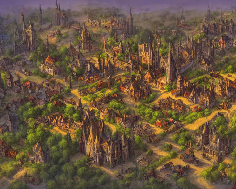 Detailed Medieval Fantasy Town Illustration with Buildings, Spires, and Bustling Atmosphere in Morning H