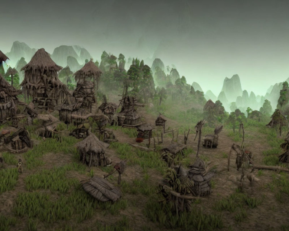 Misty primitive village with thatched huts and totems in forested hills