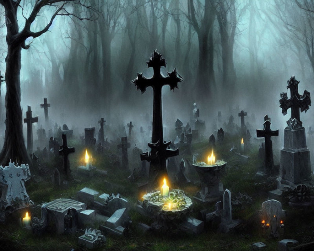 Eerie graveyard scene with tombstones and crosses in misty forest