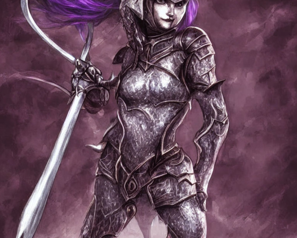 Female warrior in purple armor wields long sword confidently