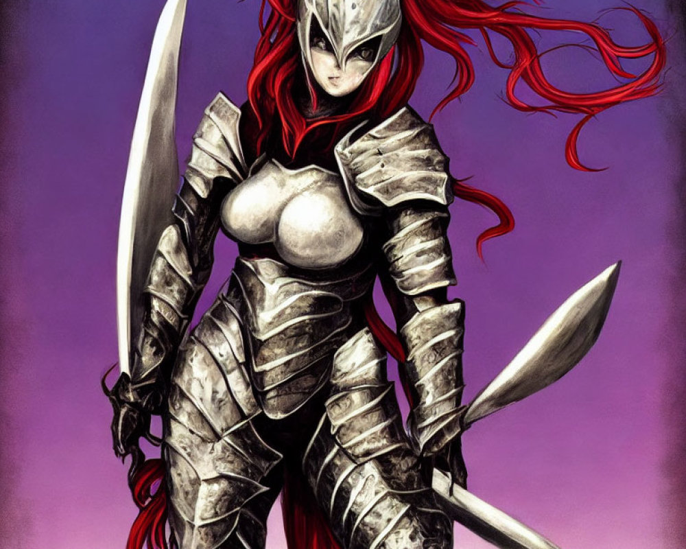 Female Warrior in Silver Armor with Red Hair and Swords on Purple Background