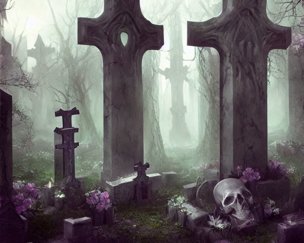 Misty cemetery with overgrown graves and skull among purple flowers