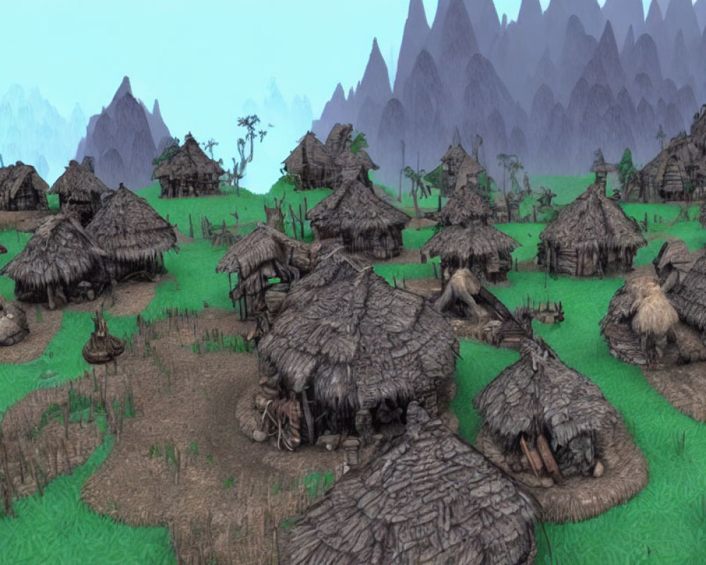 Digital image: Primitive village with thatched huts, green fields, mountain peaks