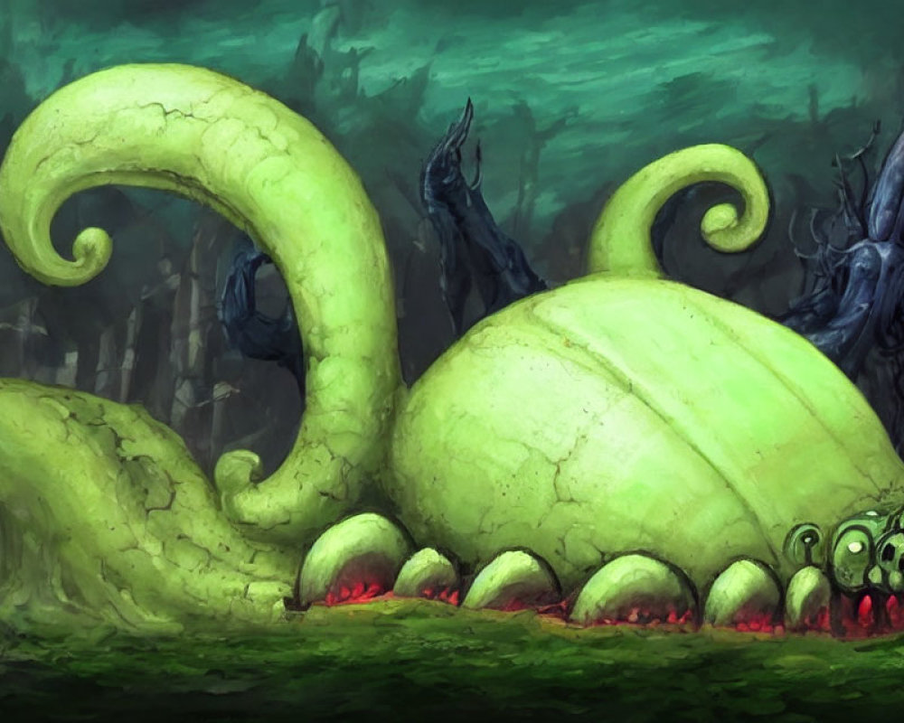 Fantastical green creature with tentacles in murky forest with dark figures