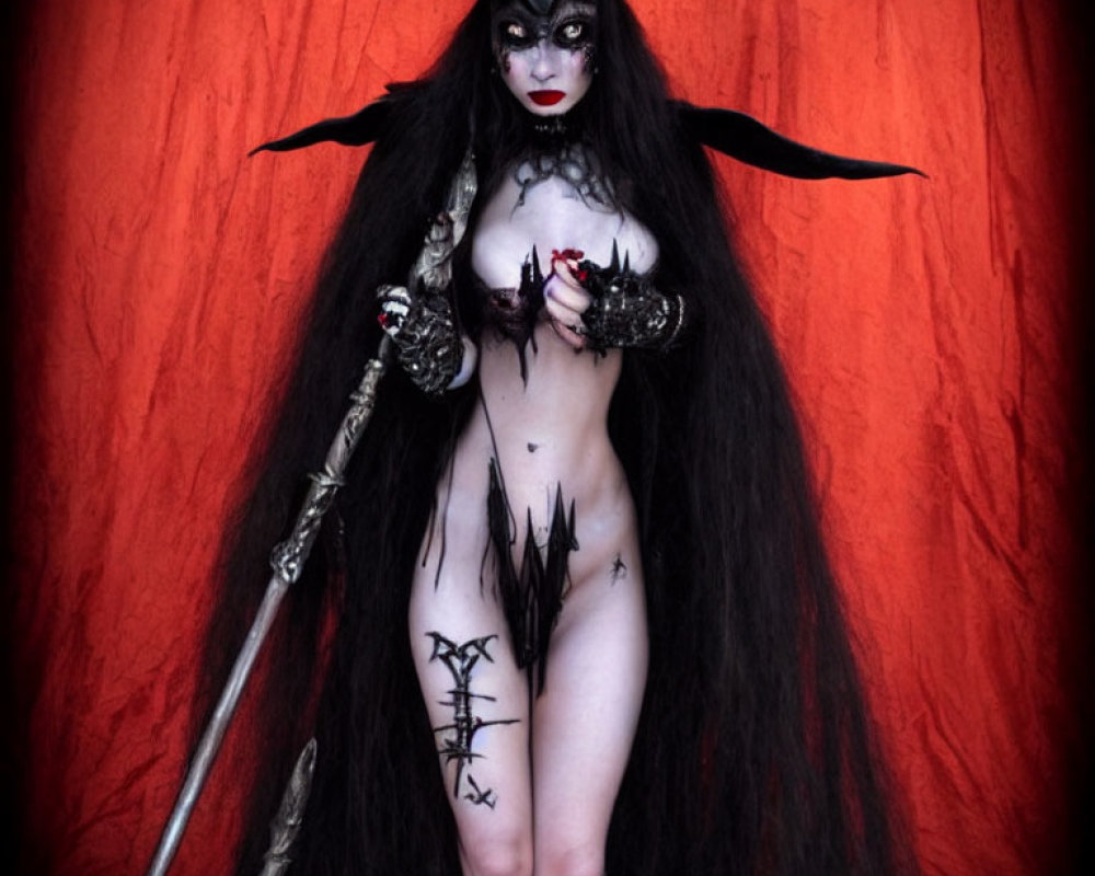 Person in dark makeup with antler headpiece holding staff on red backdrop