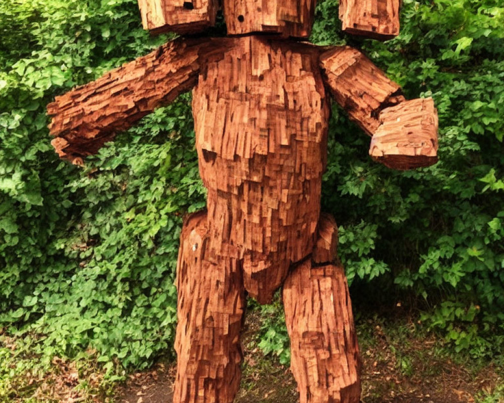 Wooden humanoid figure sculpture against green foliage