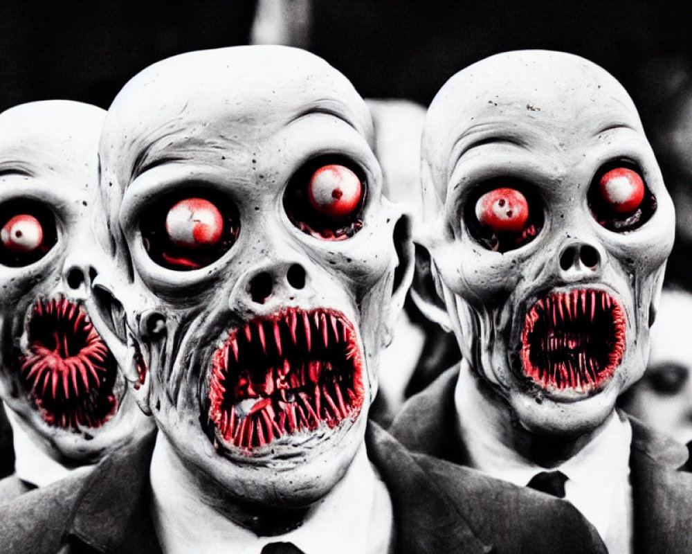 Three individuals in eerie skull masks with red eyes and open mouths on blurred backdrop.