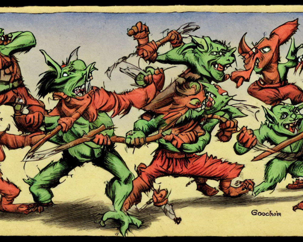 Cartoon goblins armed with clubs and spears in battle scene