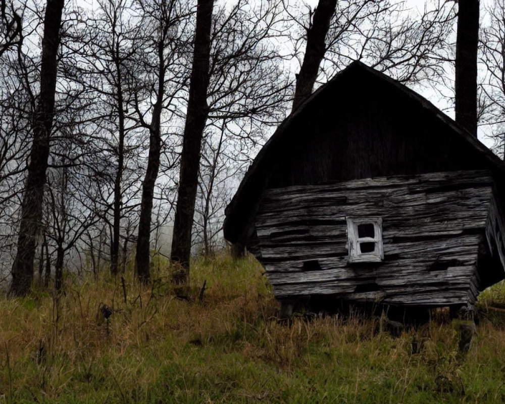 Dark wooden hut with sloped roof and white window amid bare trees and overcast sky