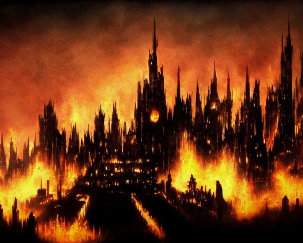 Gothic castle silhouette in fiery, dark landscape