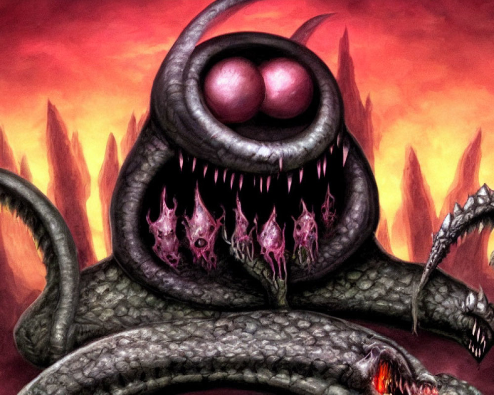 Sinister creature with multiple eyes, sharp teeth, and tentacles in red-tinted setting