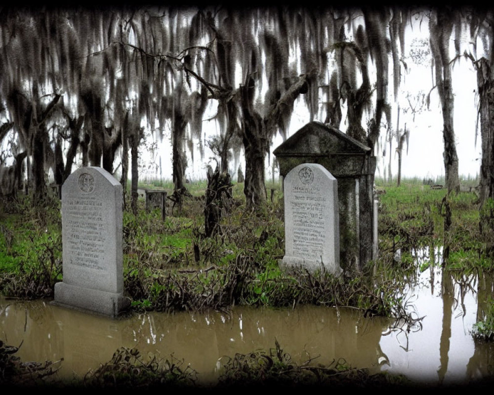 Gloomy swamp with moss-laden trees and weathered gravestones