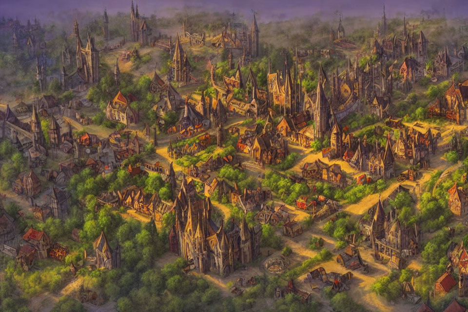 Detailed Medieval Fantasy Town Illustration with Buildings, Spires, and Bustling Atmosphere in Morning H