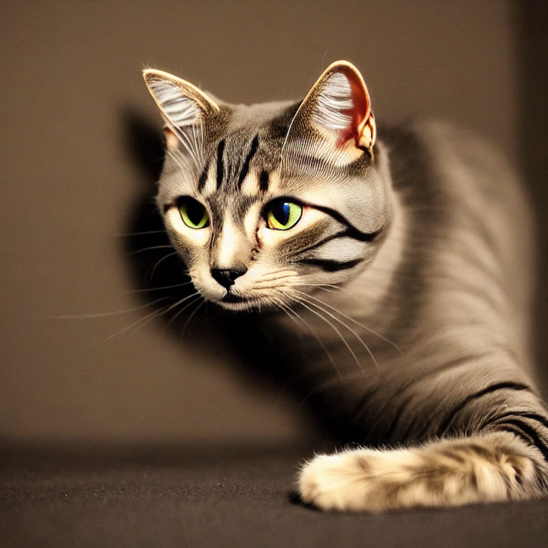 Silver Tabby Cat with Green Eyes Crouching and Gazing Sideways