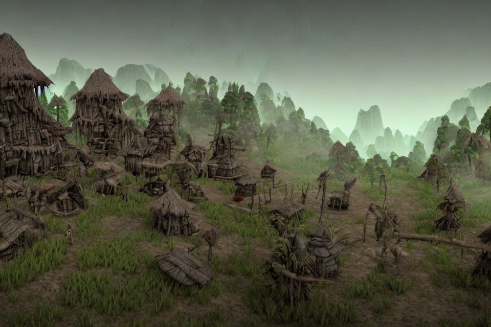 Misty primitive village with thatched huts and totems in forested hills