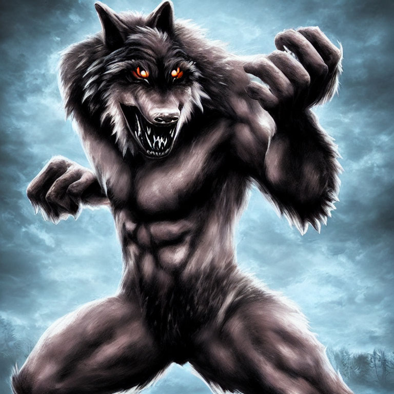 Menacing werewolf with glowing red eyes and bared fangs under stormy sky