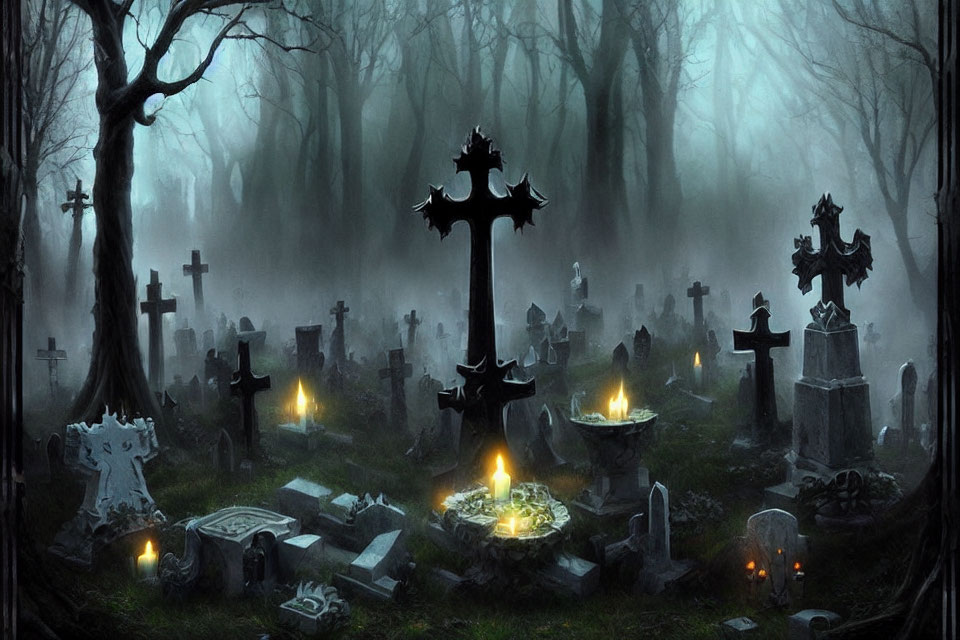 Eerie graveyard scene with tombstones and crosses in misty forest