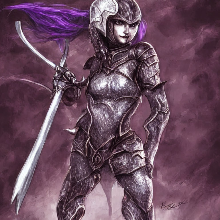 Female warrior in purple armor wields long sword confidently