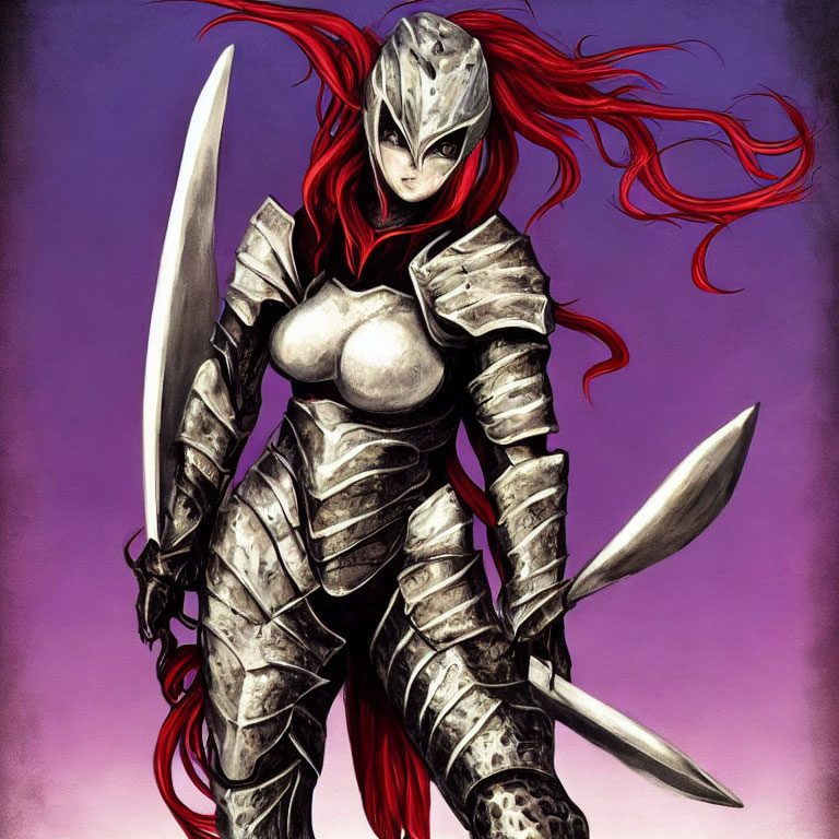 Female Warrior in Silver Armor with Red Hair and Swords on Purple Background