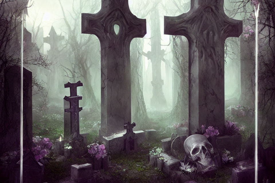 Misty cemetery with overgrown graves and skull among purple flowers