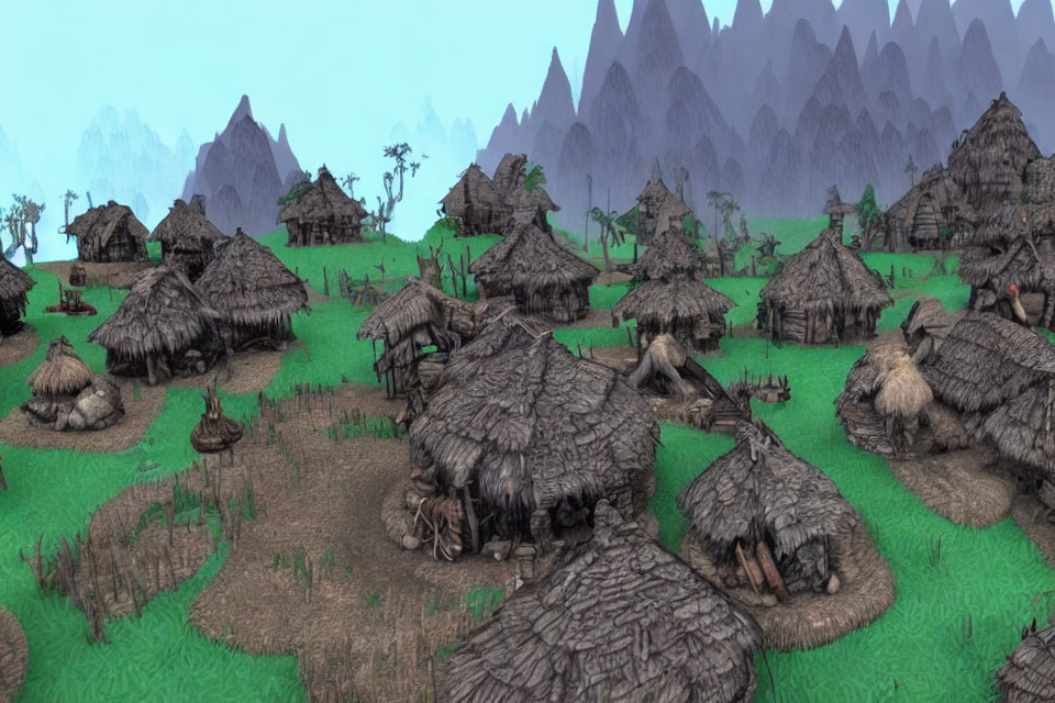 Digital image: Primitive village with thatched huts, green fields, mountain peaks