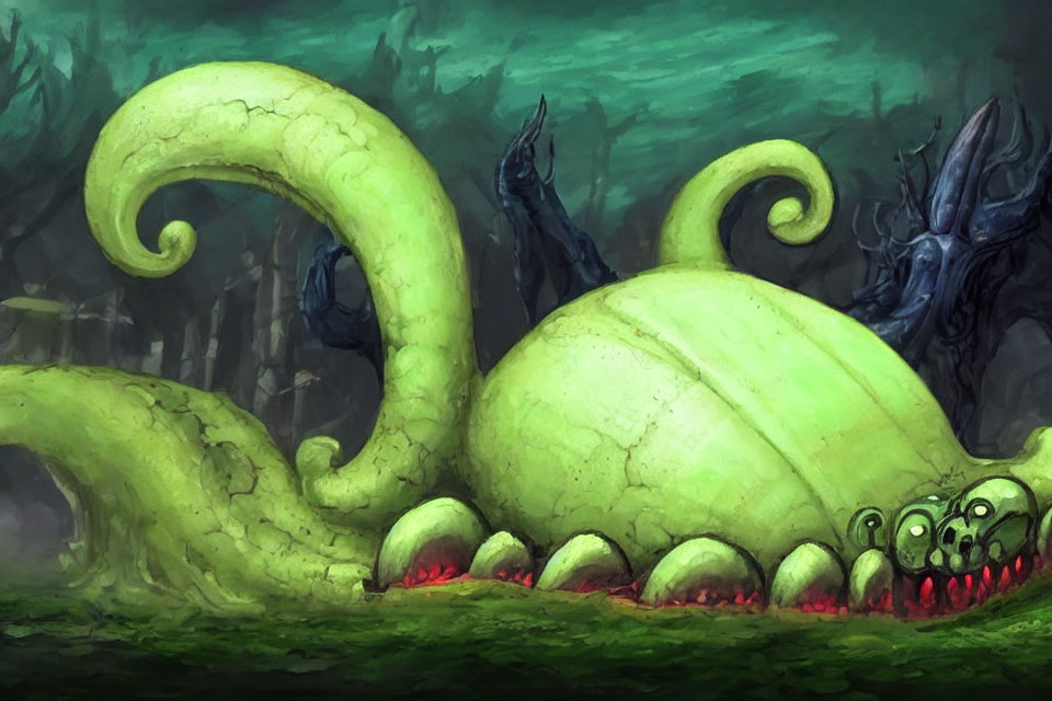 Fantastical green creature with tentacles in murky forest with dark figures