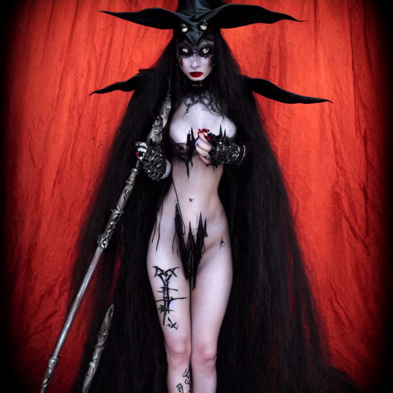 Person in dark makeup with antler headpiece holding staff on red backdrop