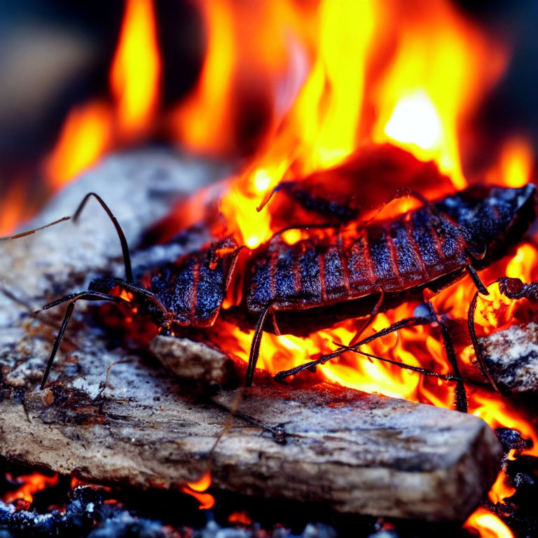 Close-Up Black Long-Horned Beetle on Charred Wood with Flames