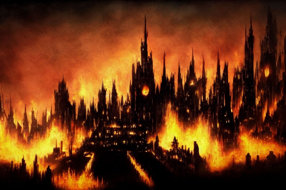 Gothic castle silhouette in fiery, dark landscape