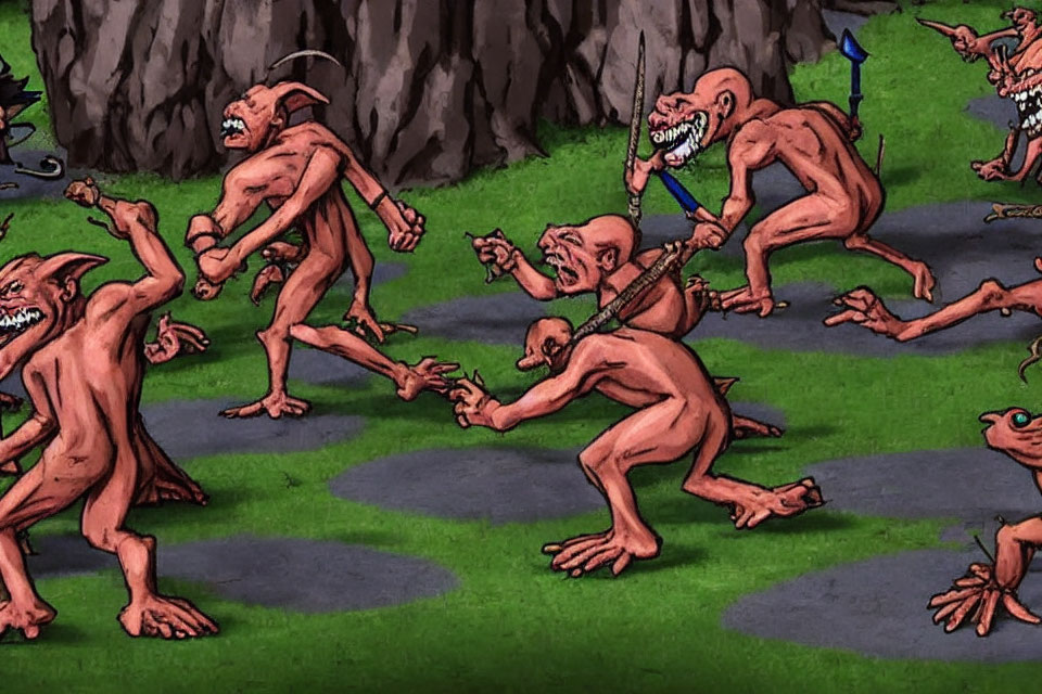 Grotesque humanoid creatures with fangs and weapons in dark rocky setting