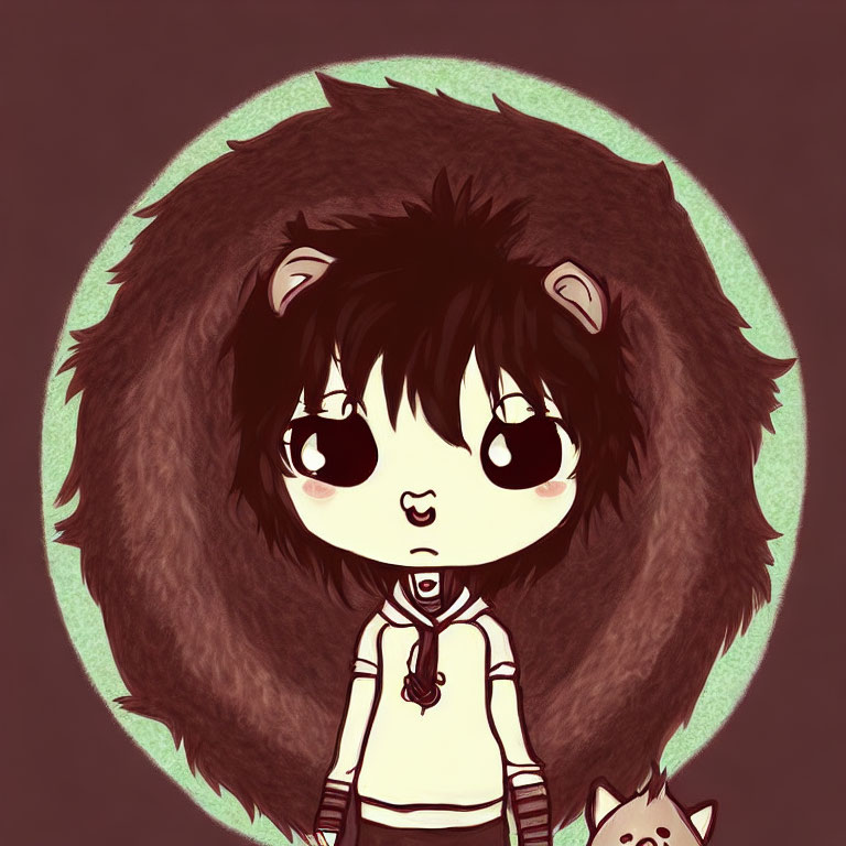 Illustration of cute character with large eyes, dark hair, cat ears, striped shirt, tiny creature