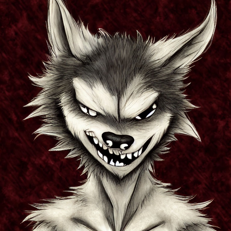 Anthropomorphic wolf illustration with sharp teeth and aggressive expression