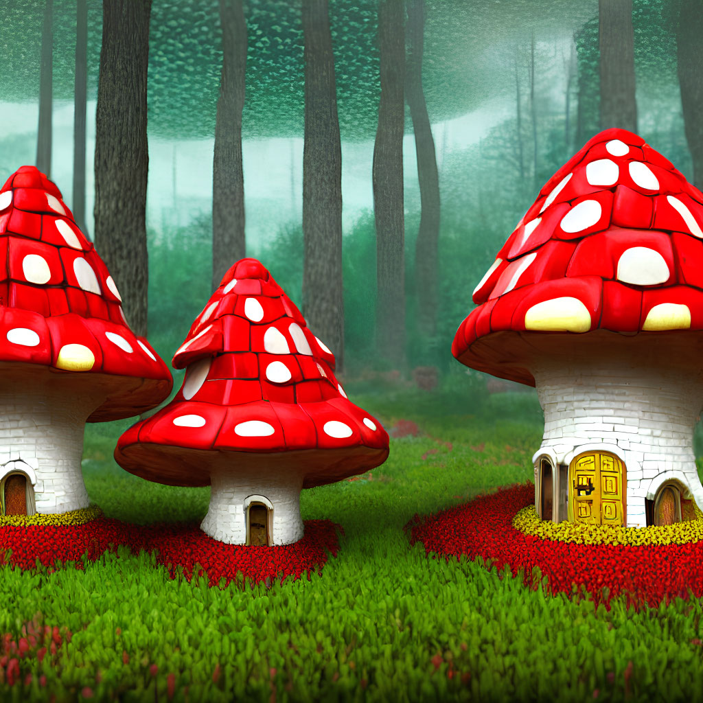 Whimsical mushroom houses in lush green forest