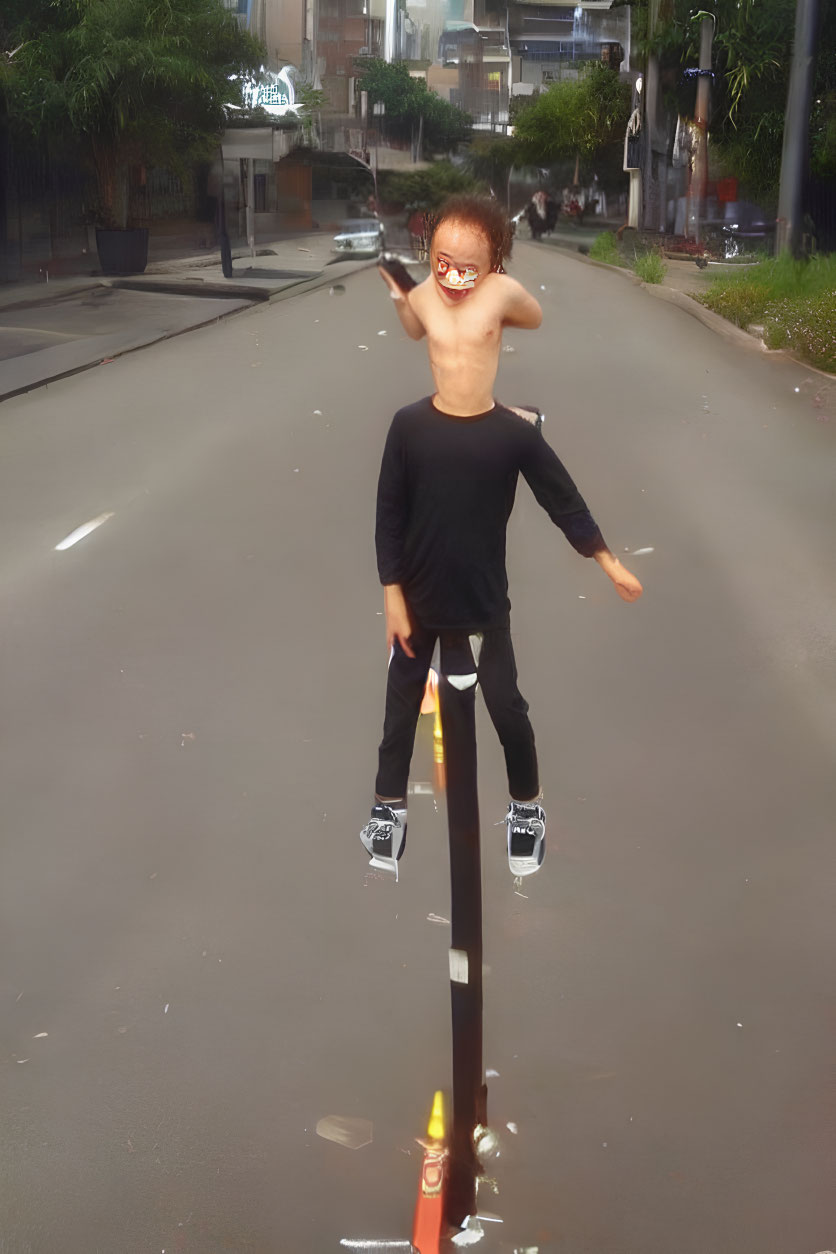 Child in sunglasses and black shirt enjoying outdoors on street