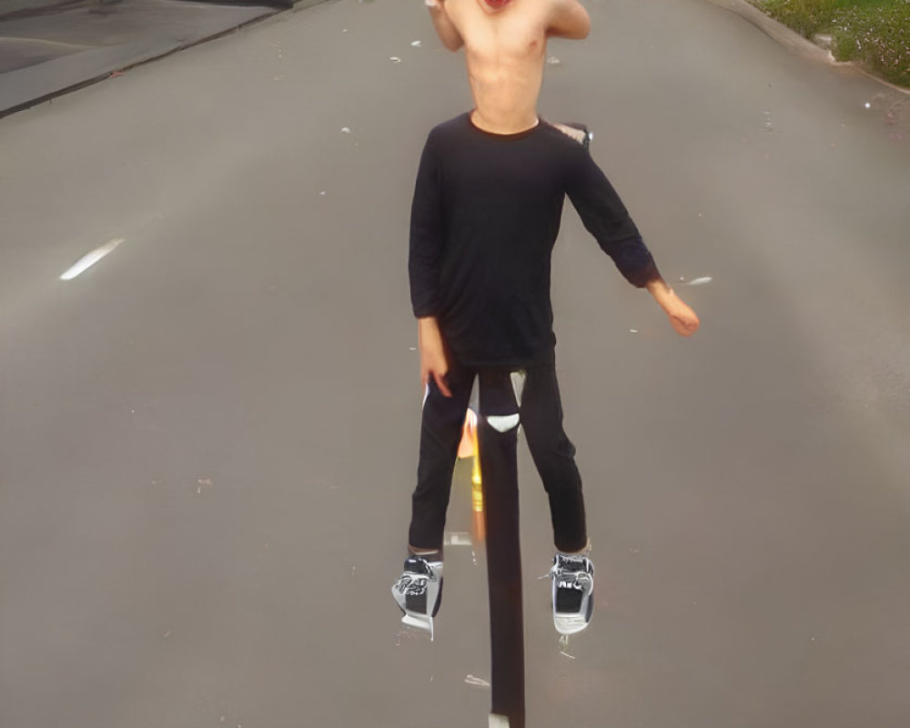 Child in sunglasses and black shirt enjoying outdoors on street