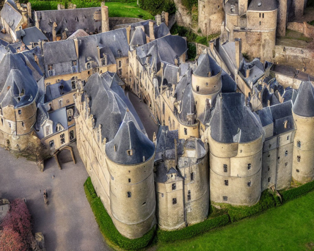 Medieval castle with rounded towers, conical roofs, and green moat