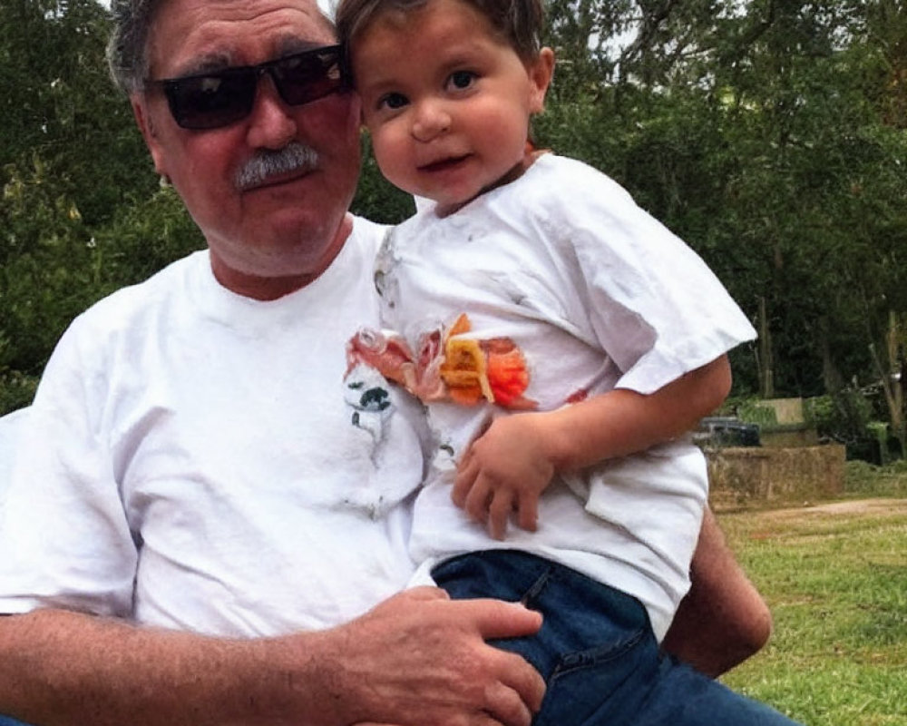 Elderly man with sunglasses holding child in park