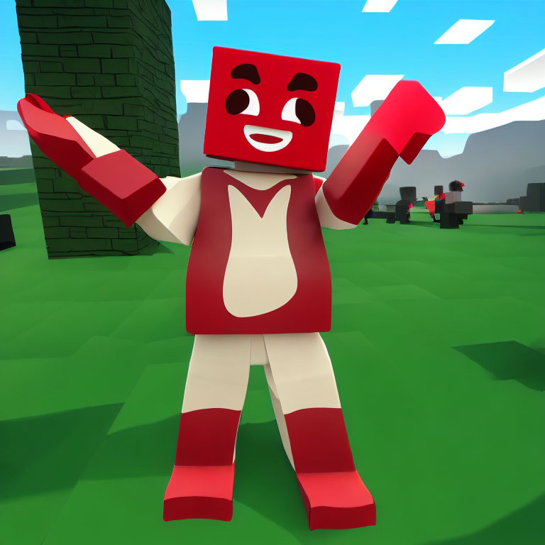 Blocky Red and White Smiling Character in 3D Grass Landscape