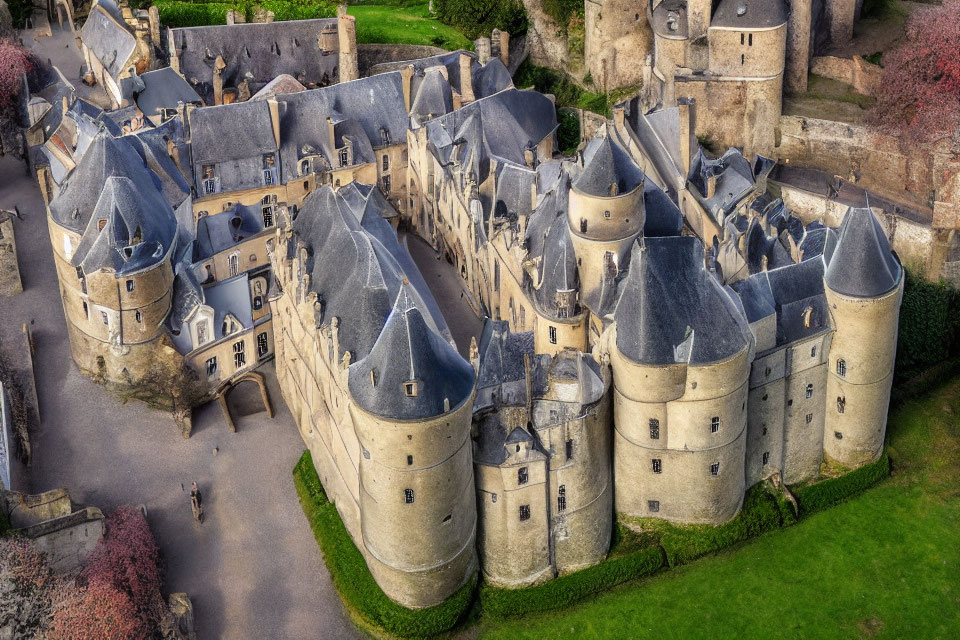 Medieval castle with rounded towers, conical roofs, and green moat