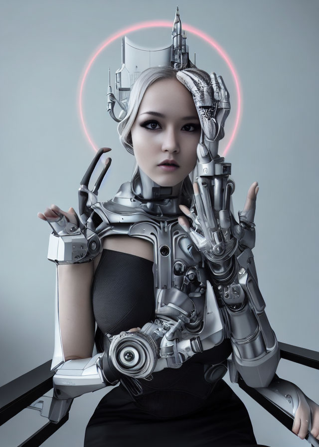 Female cyborg with robotic arm and halo light on gray background