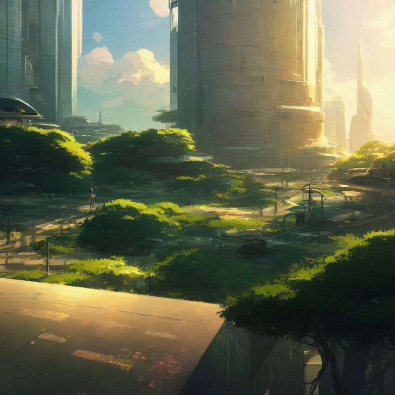 Futuristic cityscape with skyscrapers, greenery, and figure walking